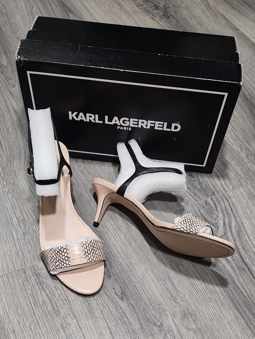 KARL LAGERFELD NIB Dumas Nude Snake-Print Ankle-Strap Heels